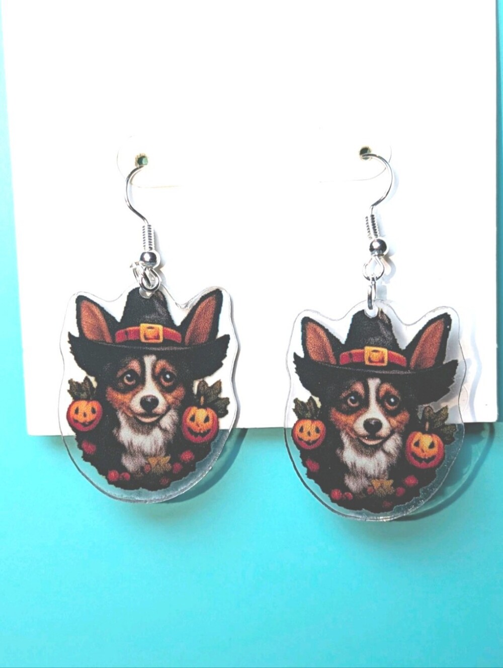 Hand Crafted Black & Orange Corgi Witch Dangle Earrings